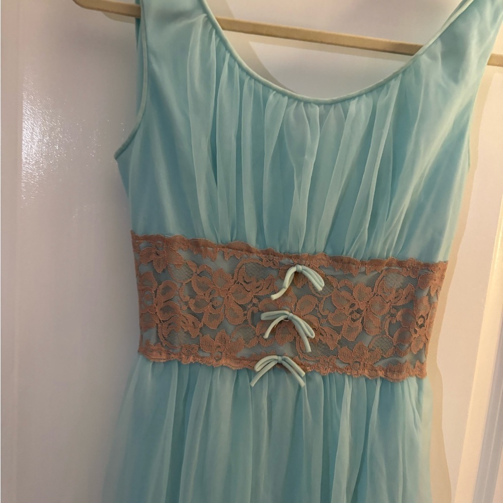 Women's Vintage Avian Light Blue Sleeveless Chiffon Nightgown Lace Sz M/L - Picture 13 of 14
